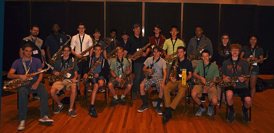 The saxophone students with their Vandoren swag and special guest Alex Graham!
